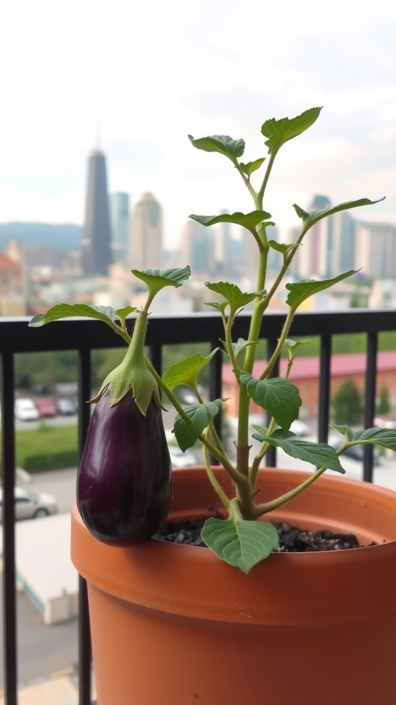 A small eggplant growing on a balcony garden plant with a city skyline in the background.