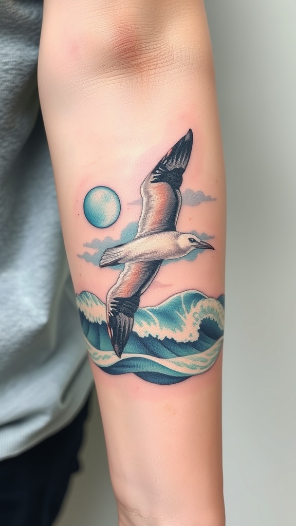 Watercolor tattoo of an albatross flying over waves with a blue sun in the background.