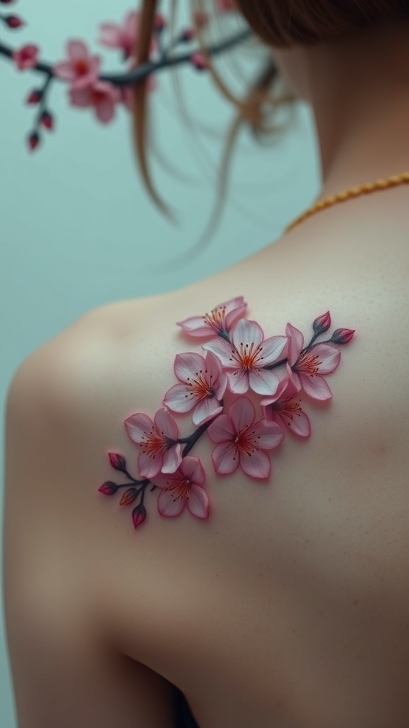 A beautiful cherry blossom tattoo on a person's shoulder.