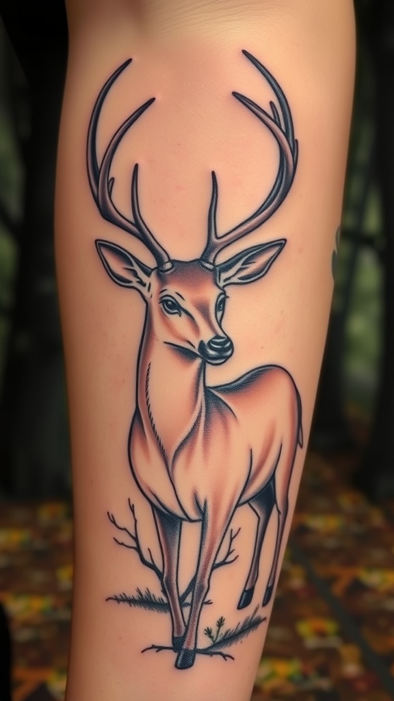 Tattoo of a deer with antlers in a forest setting