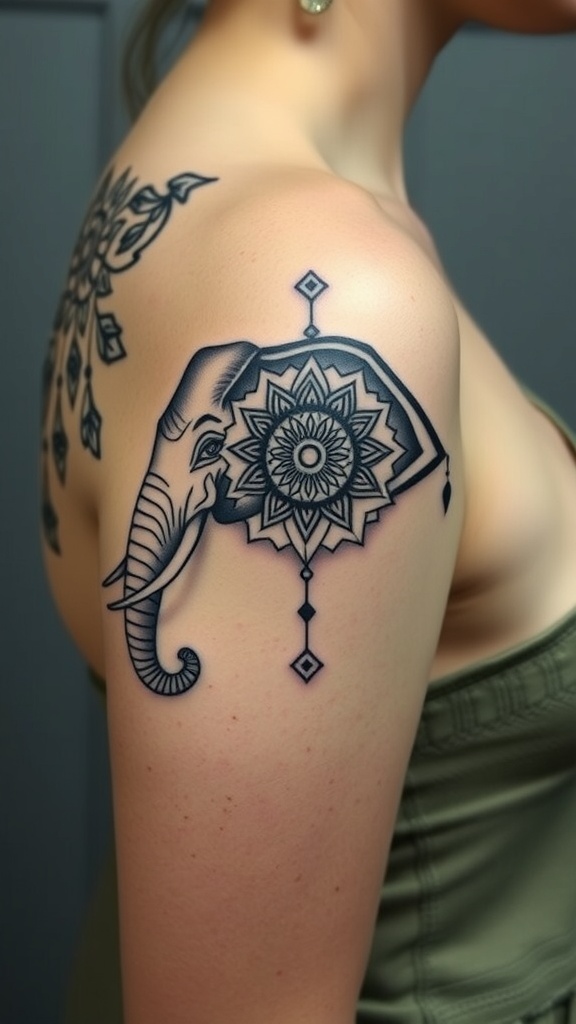Tattoo of an elephant with mandala patterns on a person's shoulder