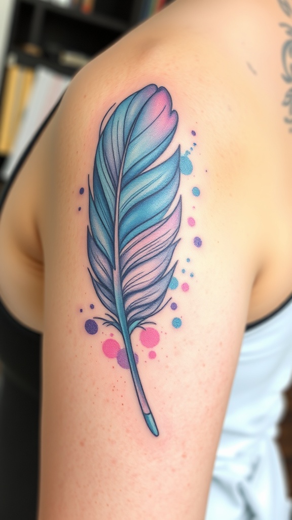 A watercolor tattoo of a feather with blue and pink shades on a person's shoulder.