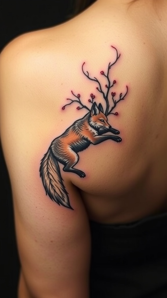 Minimalist fox tattoo with branches and berries on a shoulder