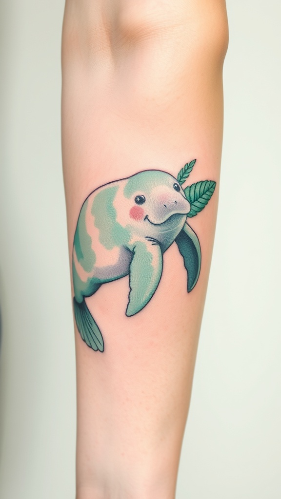 A colorful tattoo of a manatee with a leaf on its head.