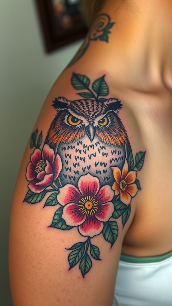 A tattoo of an owl with floral designs on a person's shoulder.