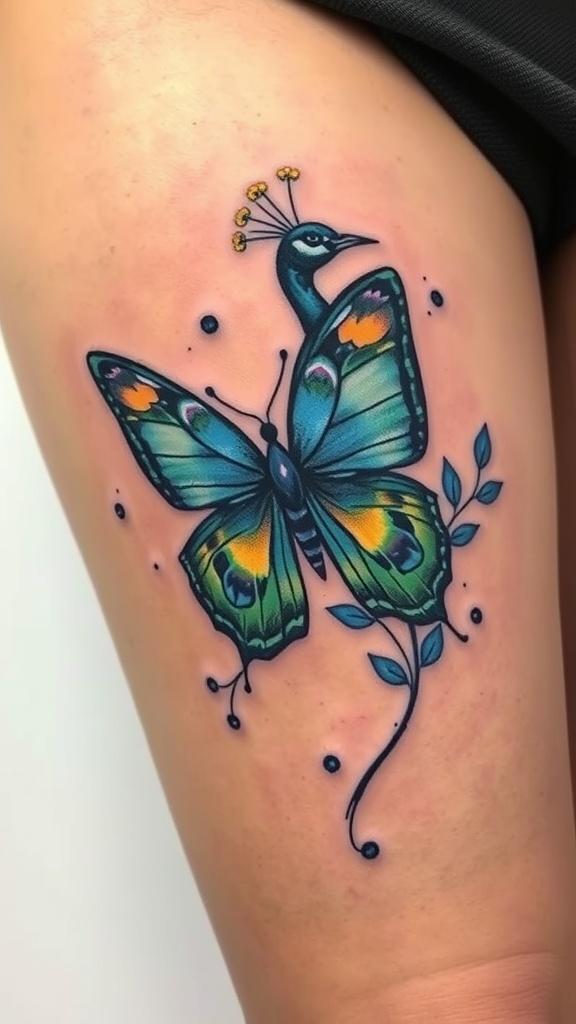 A colorful peacock butterfly tattoo featuring vibrant blue and green hues with floral elements.
