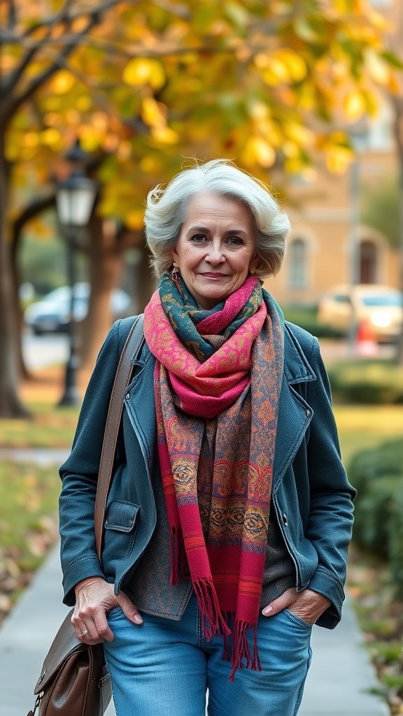 A woman wearing a vibrant scarf, standing outdoors in a park.