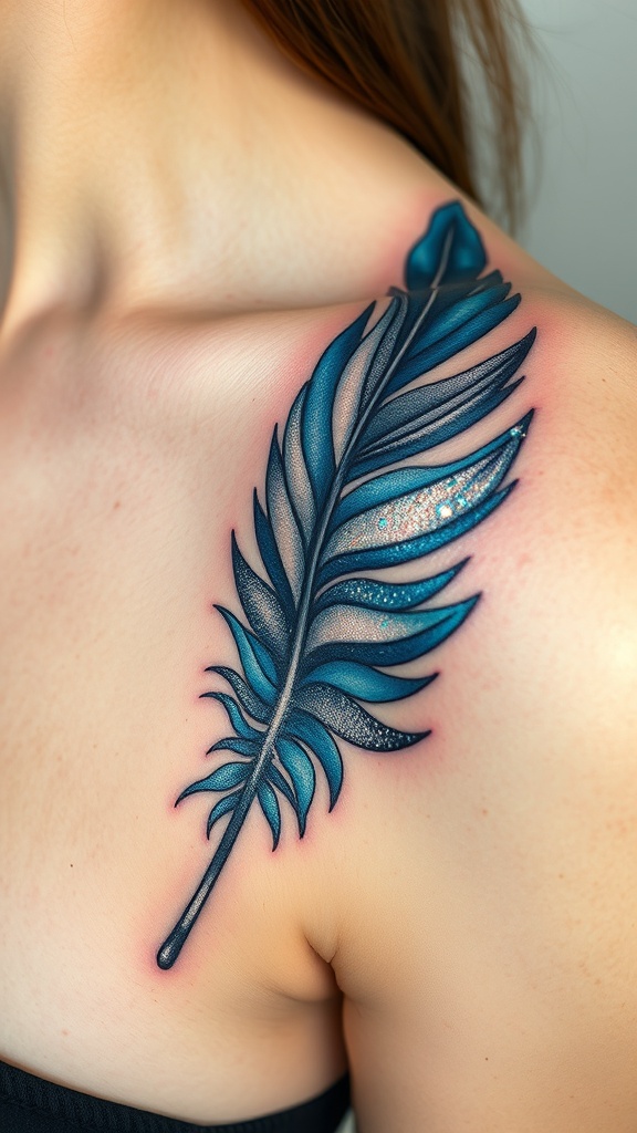 A close-up of a silver and blue feather tattoo on a person's shoulder.