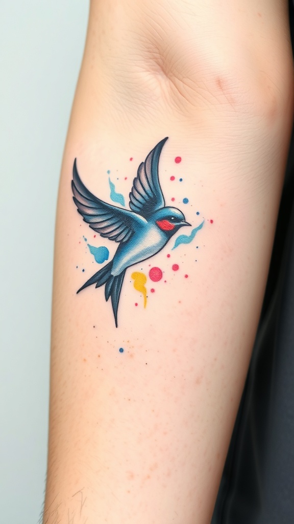 A colorful swallow tattoo with abstract swirls