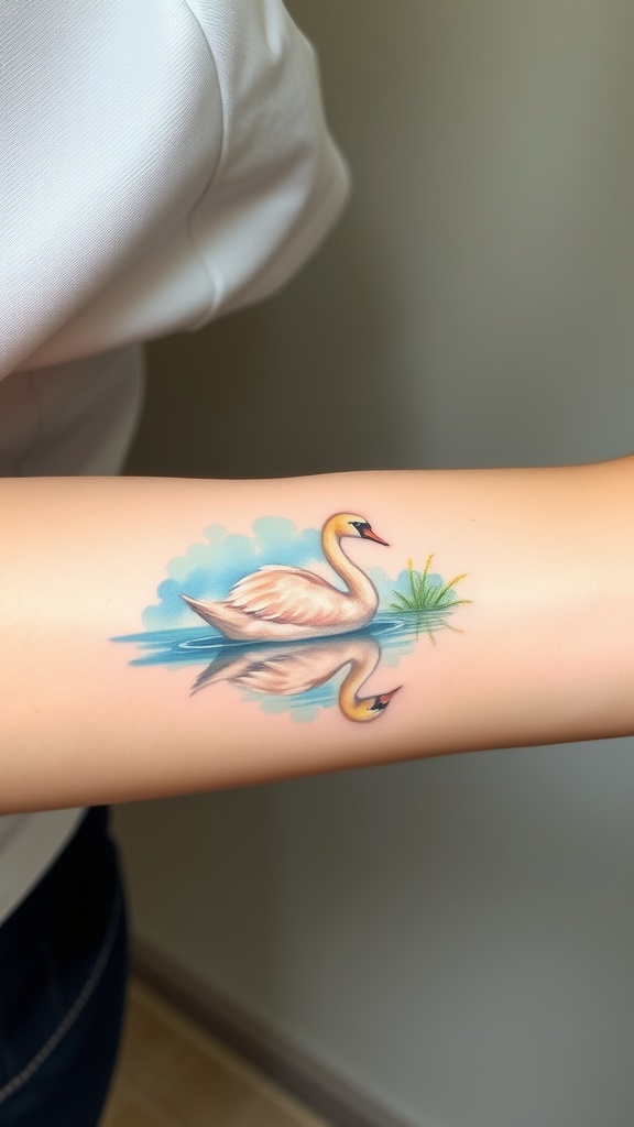 Watercolor tattoo of a swan gliding on a lake