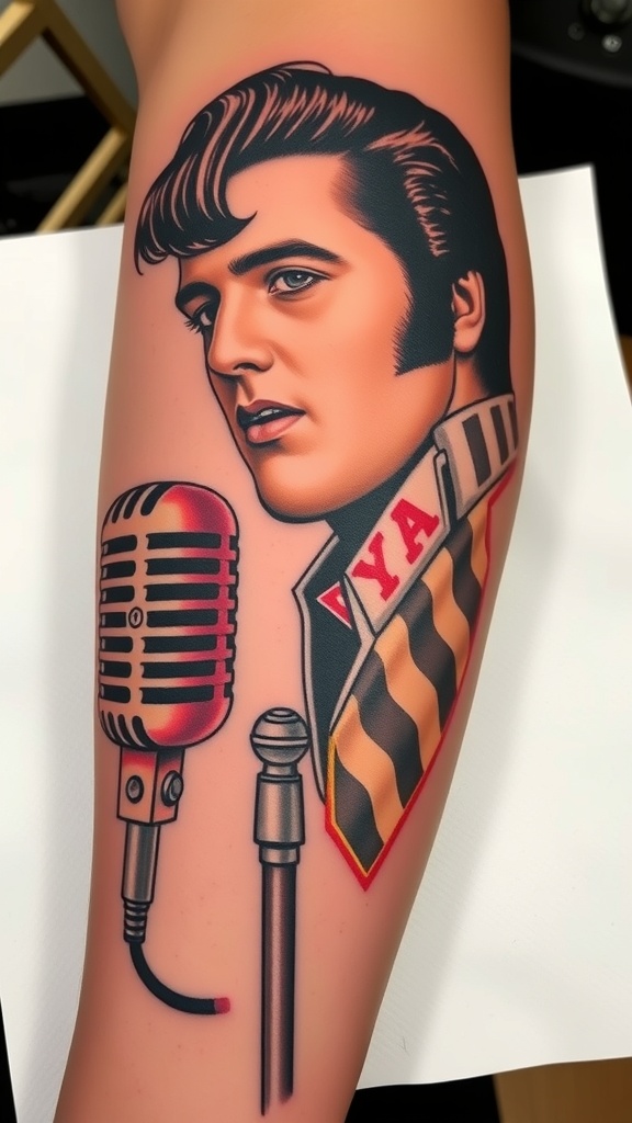 Tattoo of Elvis Presley with a microphone