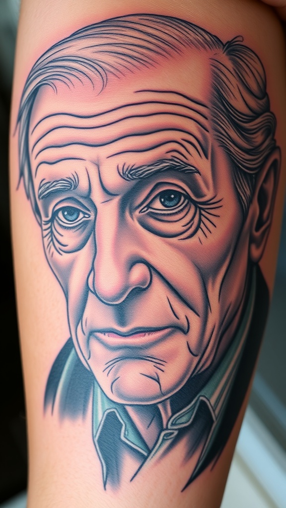A hyper-realistic tattoo of an elderly man's face, showcasing detailed wrinkles and expressions.