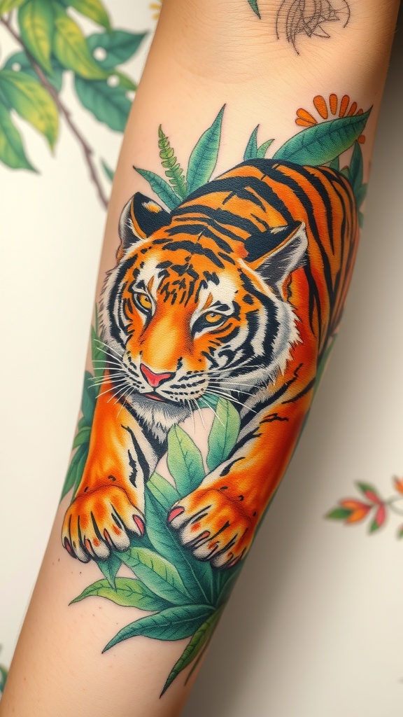 A colorful tattoo of a tiger surrounded by green leaves.