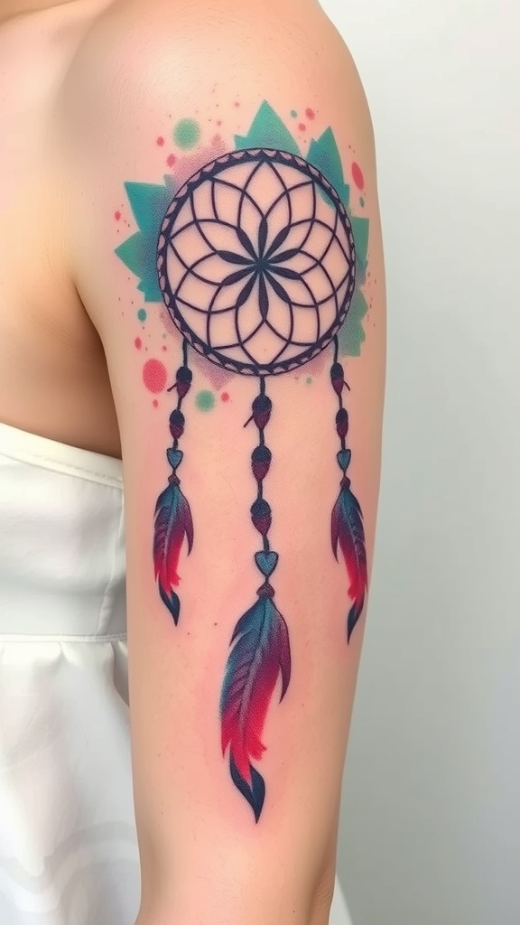Colorful dreamcatcher tattoo with watercolor splash effect on the arm.