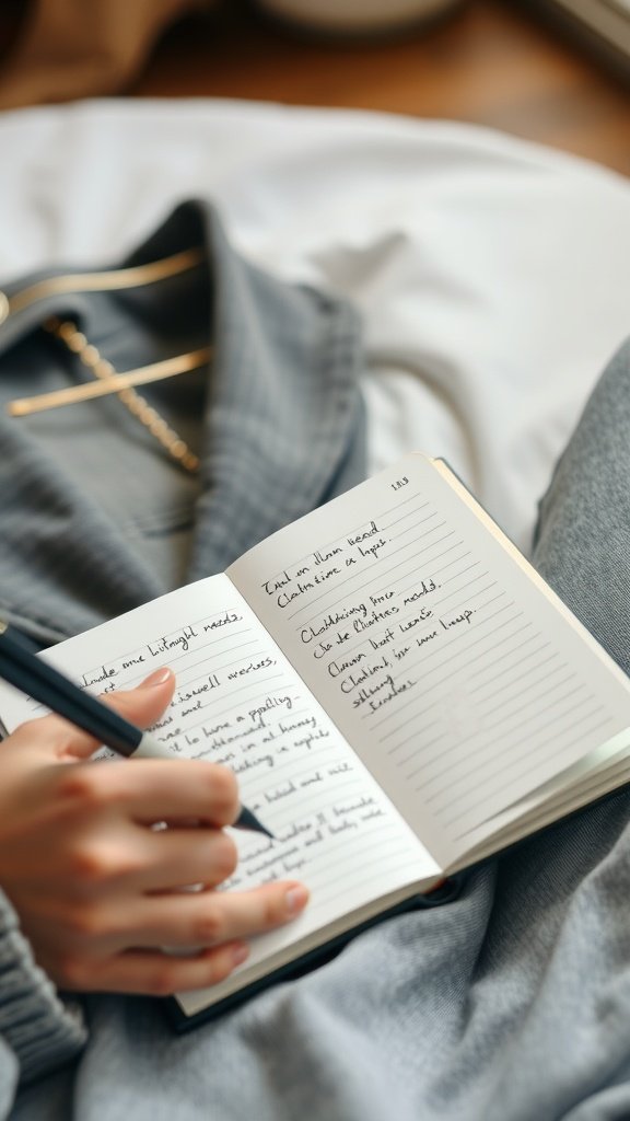 A person writing in a notebook about their fashion needs, with a cozy outfit draped nearby.