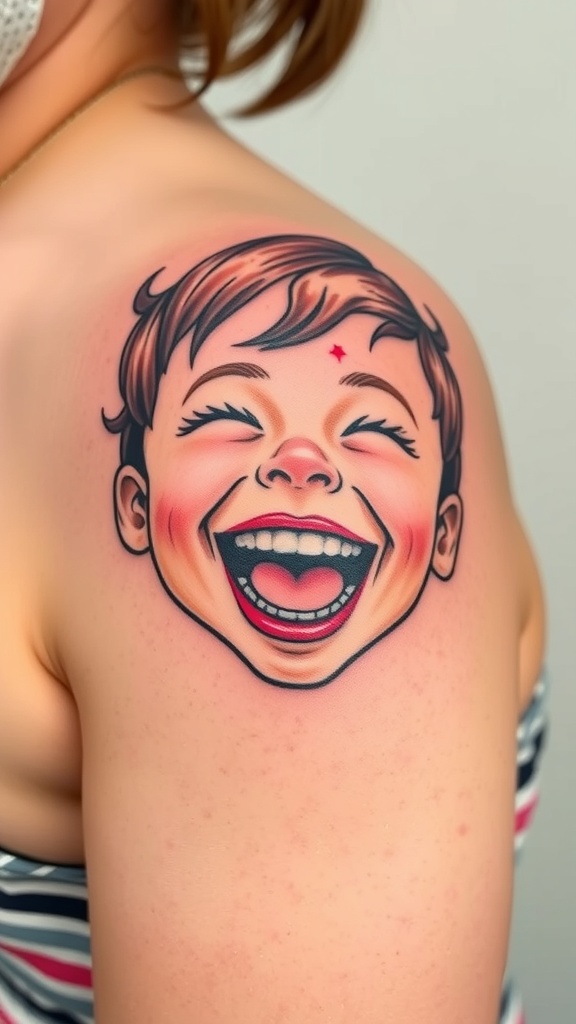 A hyper-realistic tattoo of a laughing child with bright eyes and a big smile.
