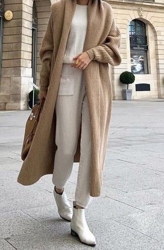 Women's Tan Long Cardigan, Beige Crew-neck Sweater, Beige Sweatpants, White Leather Chelsea Boots Women's Tan Long Cardigan, Beige Crew-neck Sweater, Beige Sweatpants, White Leather Chelsea Boots - beige cardigan outfit