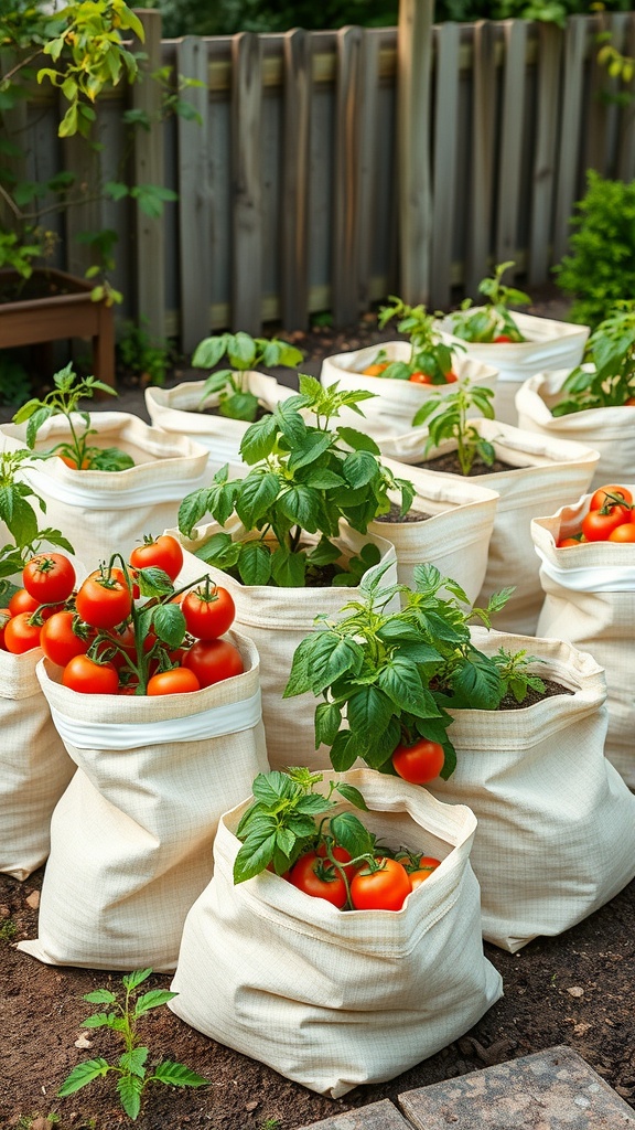 A garden with several fabric grow bags filled with tomato plants and ripe tomatoes.