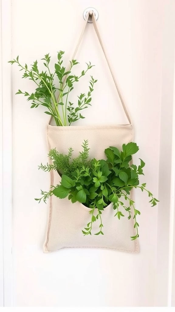 A fabric pocket planter filled with fresh herbs, hanging on a wall.