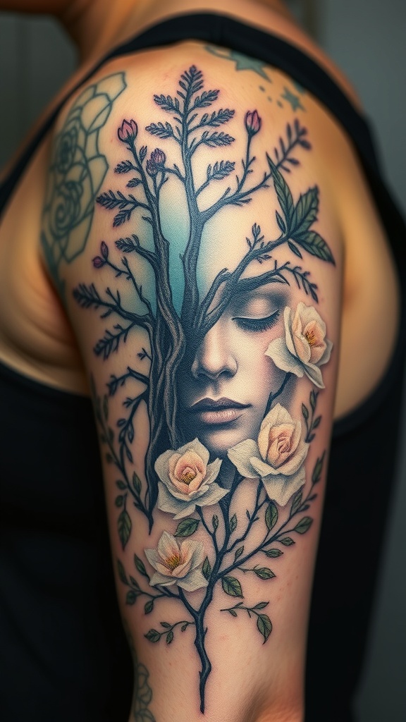 A tattoo of a woman's face merging with tree branches and flowers.