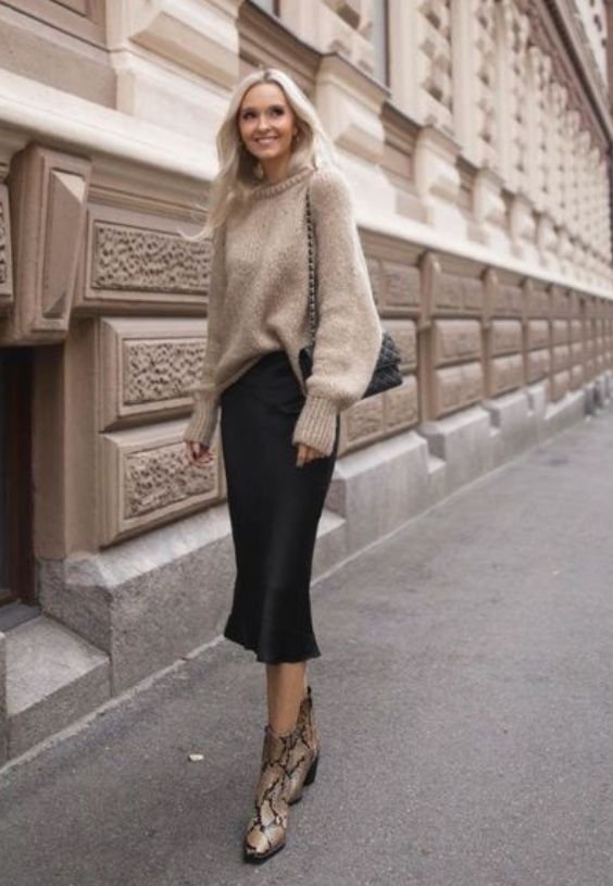 Silk slip midi skirt black and cream sweater Silk slip midi skirt black and cream sweater - long skirt and sweater outfit
