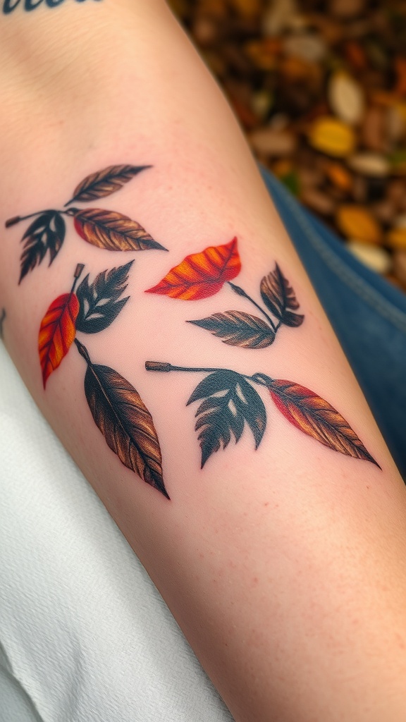 A tattoo of fallen leaves in various colors on a person's arm.