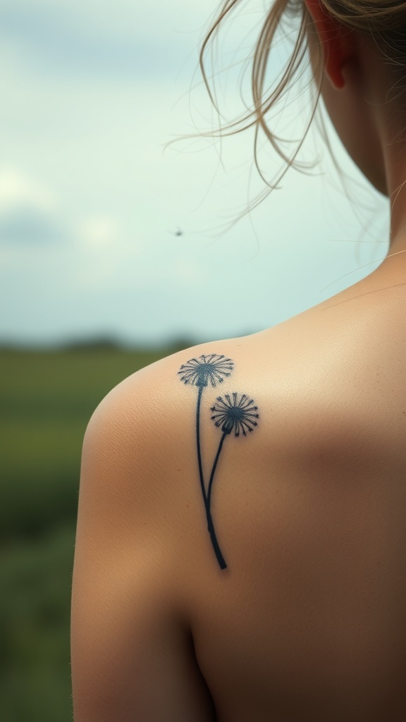 A close-up of a person's shoulder with two dandelion seed tattoos.