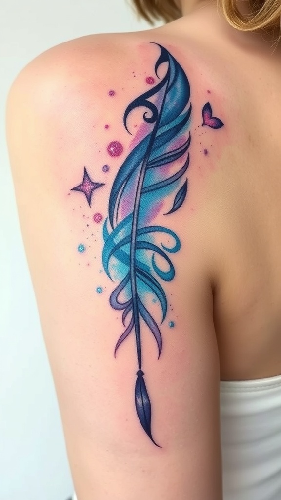 A vibrant fantasy-inspired feather tattoo with swirls and stars.