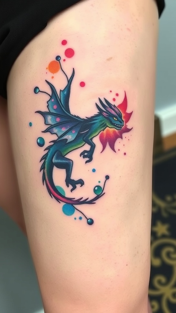 Colorful dragon tattoo with watercolor splash effects