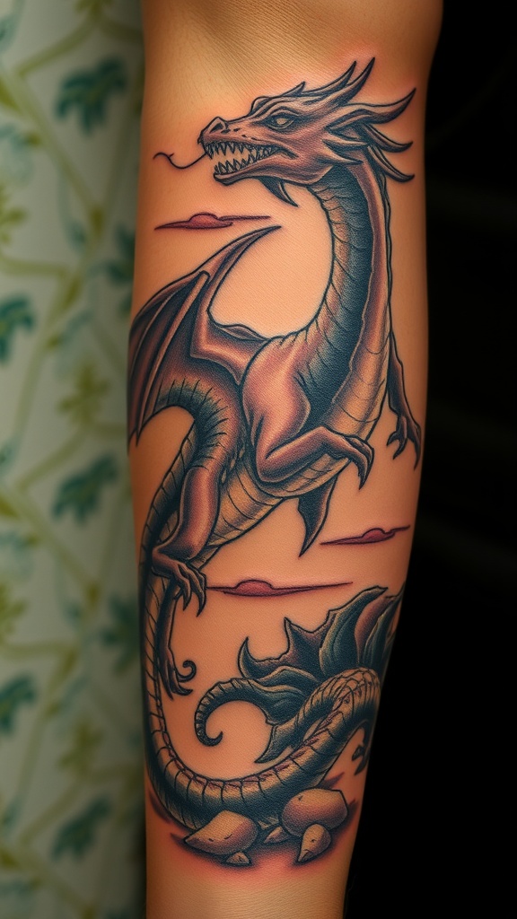 A detailed tattoo of a dragon on a person's forearm.