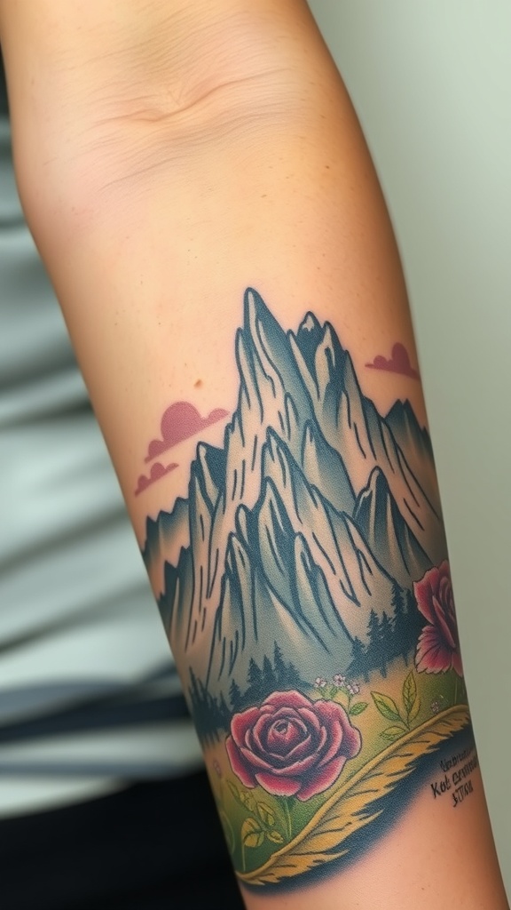 A surrealistic tattoo featuring mountains and roses on an arm.