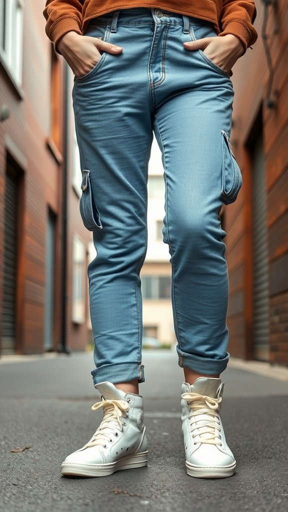 A close-up view of a person wearing high-top sneakers and cargo jeans.