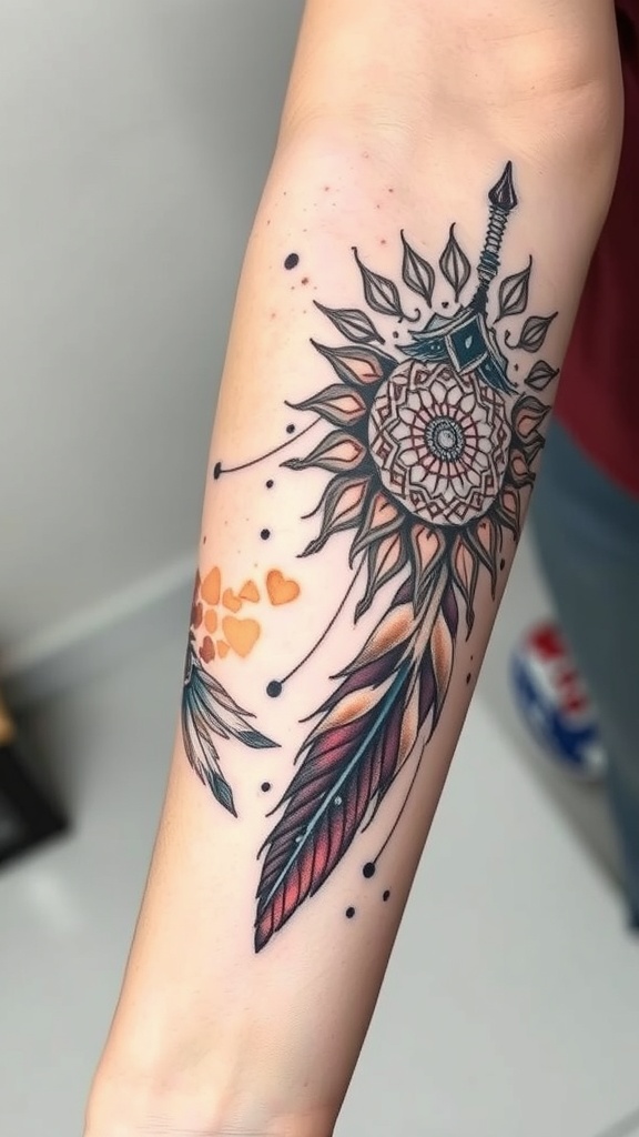 Tattoo design featuring a feather and mandala combination