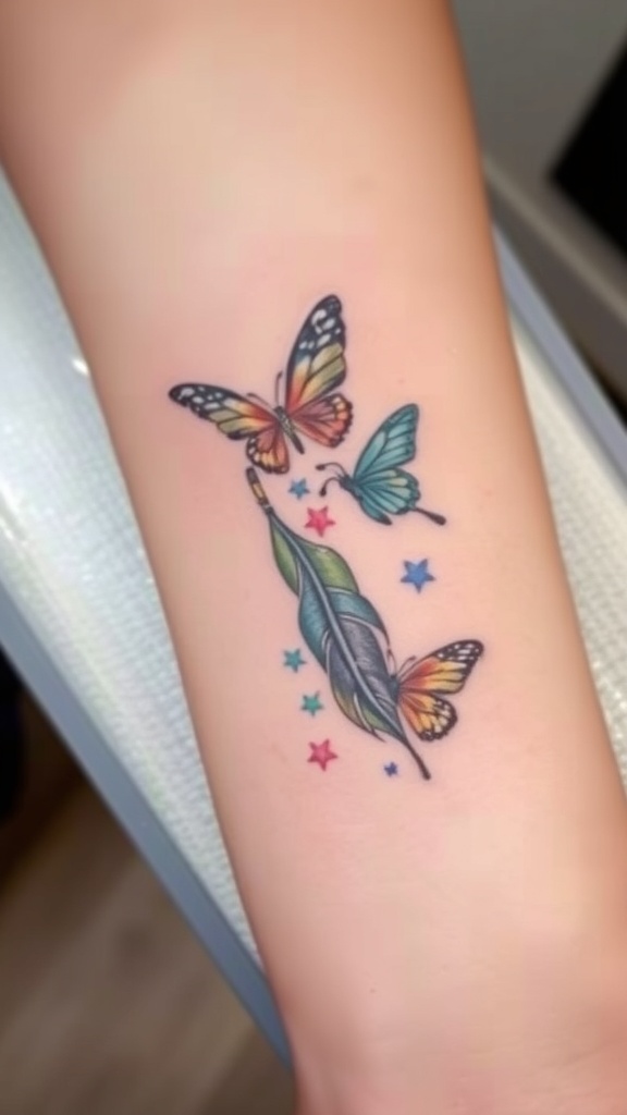 Tattoo of a feather with colorful butterflies and stars
