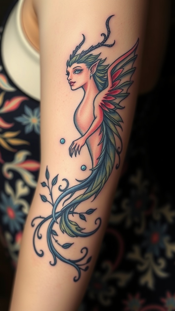 A colorful tattoo of a feminine mythical creature with wings and flowing hair.