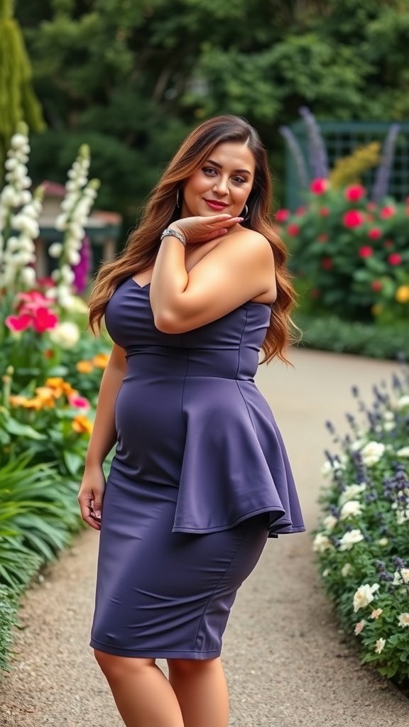 A confident woman poses in a peplum dress in a garden filled with colorful flowers.