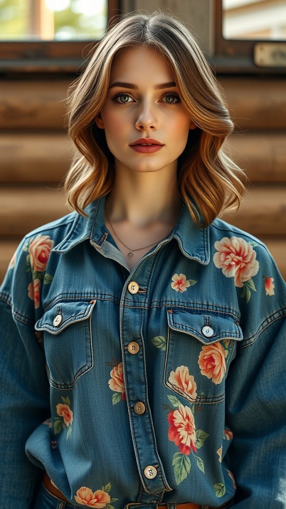 A woman wearing a floral denim blouse, showcasing a casual yet stylish look.