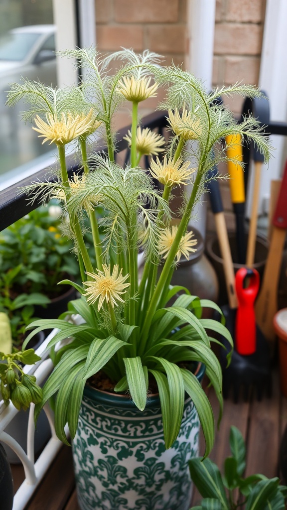 A potted fennel plant with feathery leaves and yellow flowers on a balcony.