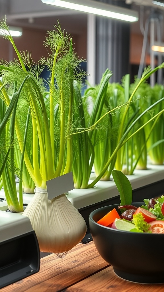 Indoor hydroponic fennel plants growing with a bowl of fresh salad nearby.