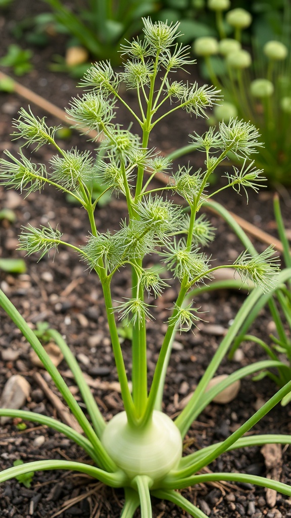 A healthy fennel plant growing in a garden.