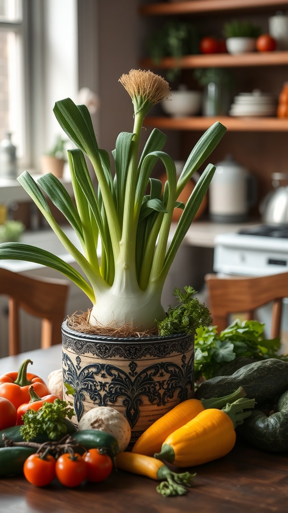 A vibrant fennel plant in a decorative pot surrounded by fresh vegetables.