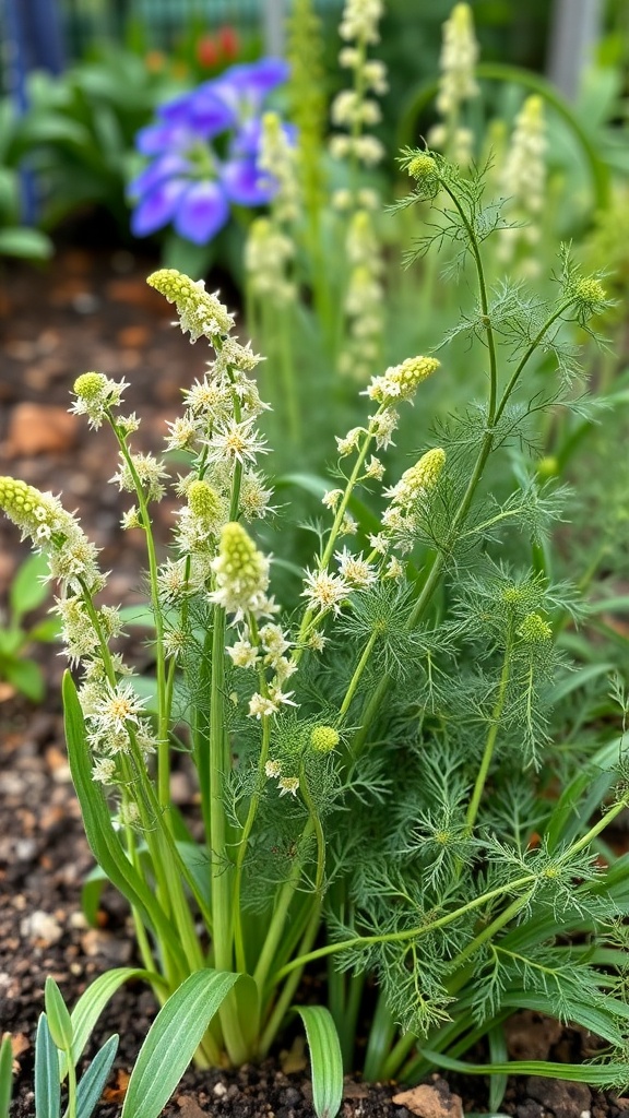 Fennel and dill plants growing together in a garden.