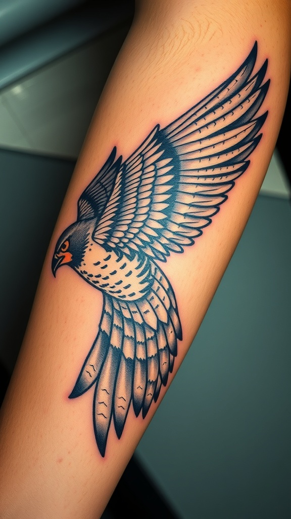 A realistic tattoo of a falcon in flight on a person's arm.
