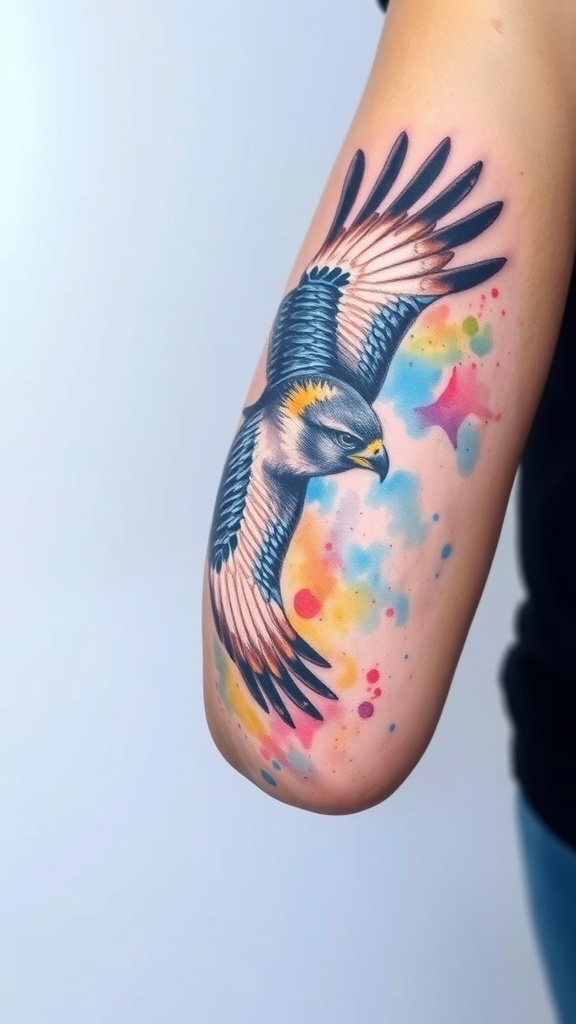 Watercolor tattoo of a falcon in mid-flight with colorful splashes