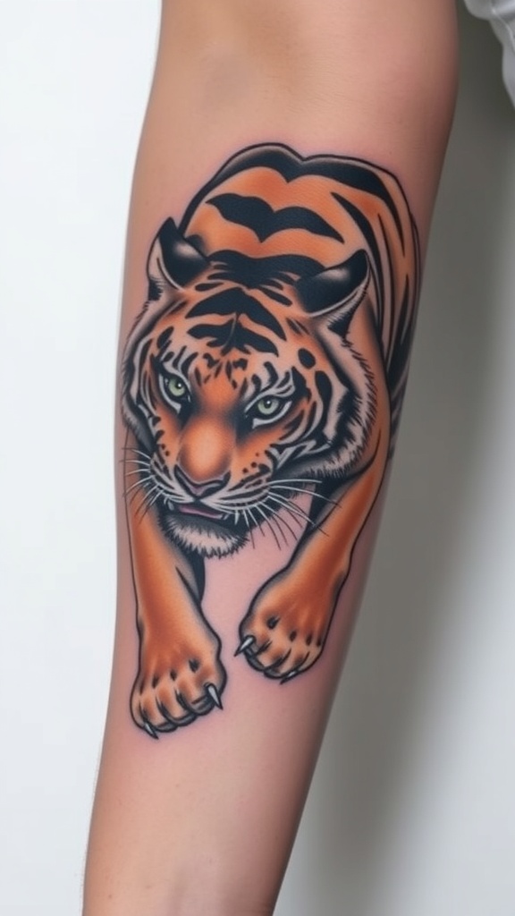A realistic tattoo of a fierce tiger stalking, featuring vibrant colors and detailed features.