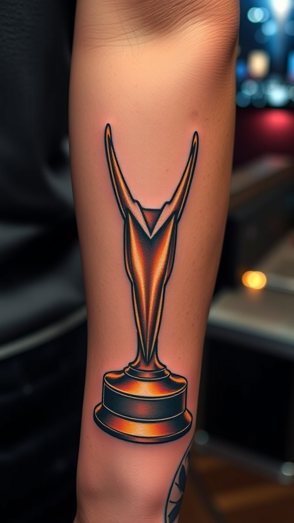 Tattoo of a film festival award trophy on a person's arm.