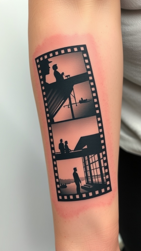 Tattoo of a film strip featuring silhouettes in various scenes