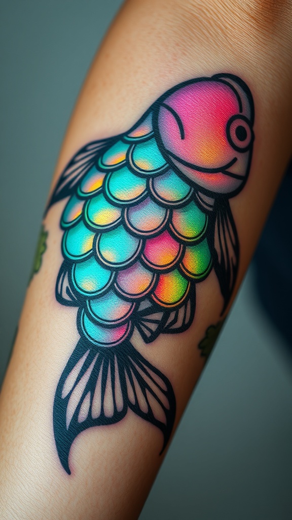 A colorful fish scale pattern tattoo on a person's arm.