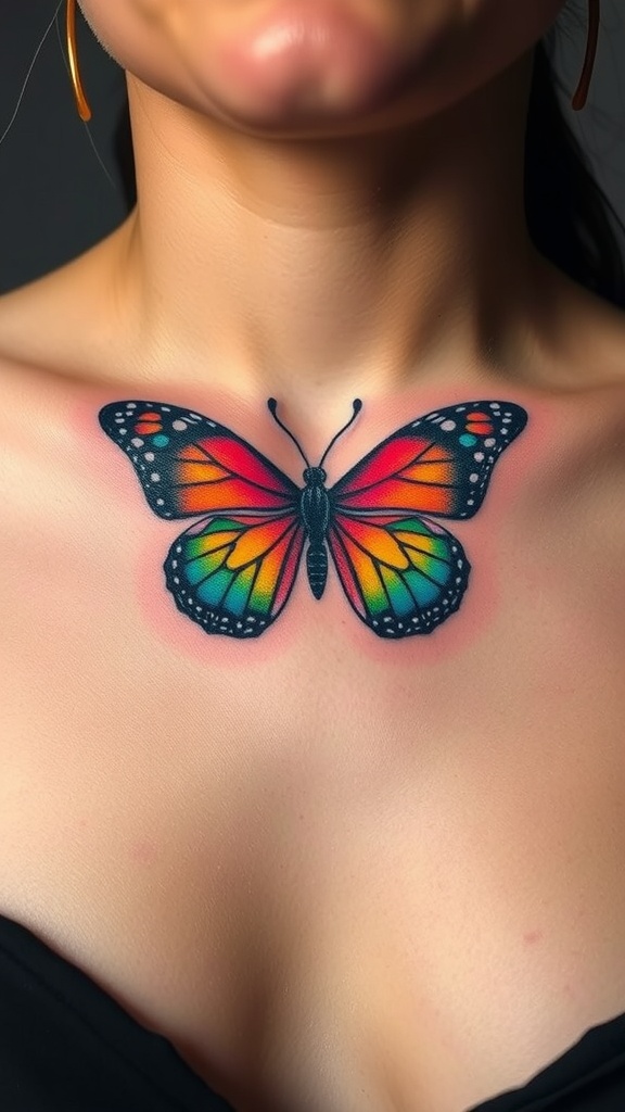A colorful butterfly tattoo on a person's chest, showcasing vibrant colors and intricate details.