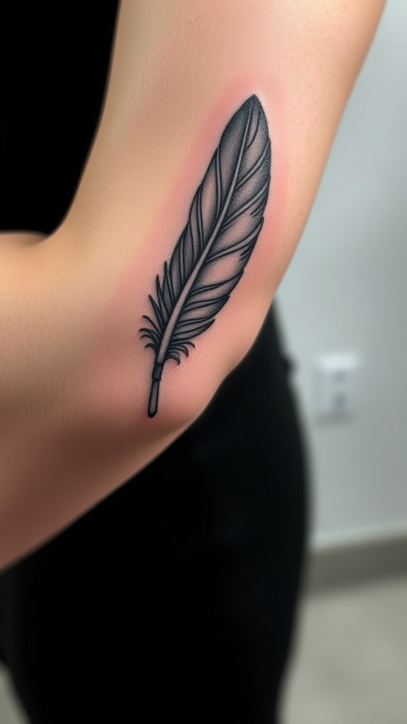 A realistic tattoo of a feather on the elbow